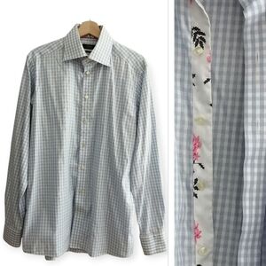 Eton Contemporary Fit Blue White Check Plaid Dress Shirt Floral Trim 16.5 34/35